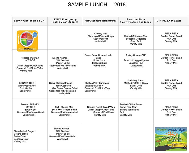 School Menu Planning Services Florida Texas   SAMPLE LUNCH 2018 